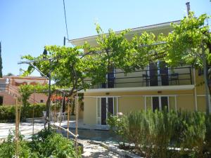 une maison jaune avec des arbres devant elle dans l'établissement Giannis, à Agios Georgios Pagon