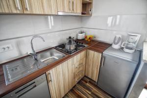 a small kitchen with a sink and a stove at Apartments and Rooms Lorena 236 in Rovinj