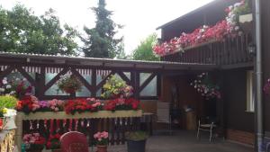 a patio with flowers and plants on a building at Ferienwohnung Mack in Wernigerode