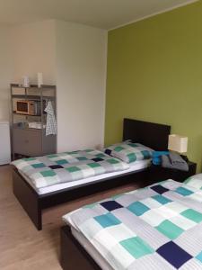 two beds in a room with green walls at Pension zum Bauhof in Zwickau