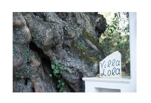 a sign sitting in front of a tree at Villa Lola in Lithakia