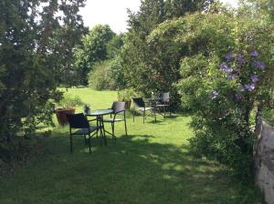 een groep stoelen die rond een tafel in het gras zitten bij Pensionat Solhöjden in Mariannelund
