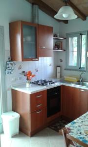 una cucina con armadi in legno e piano cottura. di Da Lilly Apartment a Lucca