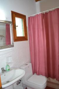 a bathroom with a pink shower curtain and a toilet at Studios Flora Manos in Platis Yialos Mykonos