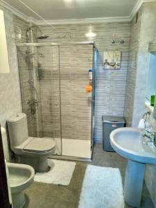 y baño con ducha, aseo y lavamanos. en Apartamento Los Fresnos, en Gijón