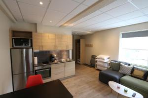 a living room with a couch and a kitchen at K16Apartments in Akureyri
