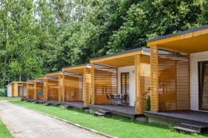 rząd drewnianych domków letniskowych w parku w obiekcie Metropolis Domki w mieście Sopot