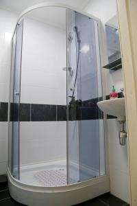 a shower with a glass door next to a sink at Gorsad Apartment in Odesa
