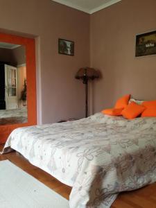 um quarto com uma cama grande e almofadas laranja em Boris Apartman em Gyula