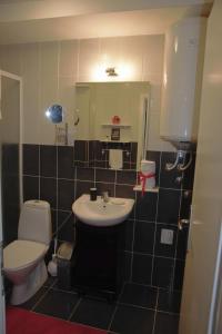 małą łazienkę z toaletą i umywalką w obiekcie Trident Apartments w Niszu