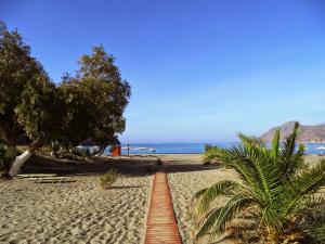 a wooden path on a beach with trees and the ocean at Beachside Apartment in Plakias centre! in Plakias