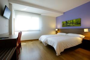a bedroom with a bed and a desk and a window at Aginaga Hotela in Usúrbil +30 photos