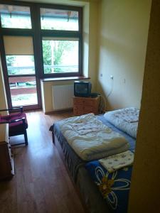 a bedroom with two beds and a tv in it at Goprówka in Krynica Zdrój