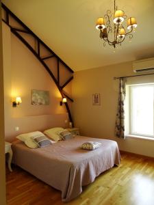 a bedroom with a large bed and a chandelier at Domaine de la Guignardière in Viévy-le-Rayé