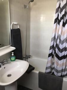 a bathroom with a sink and a shower curtain at Hostal El Violí in Cardona