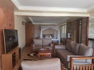 uma sala de estar com um sofá, uma televisão e uma cama em Nokras Riverine Hotel & Spa em Sagana