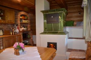 cocina con fogones, mesa y chimenea en Ubytování Na Vejminku en Rtyně v Podkrkonoší