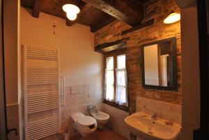 a bathroom with a sink and a toilet and a mirror at Ospitalita' Rurale Casa Cani in Berceto