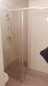 a shower stall in a bathroom with a toilet at Casa da Madrinha I in Monte Gordo +11 photos