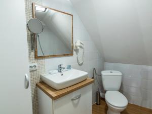 a bathroom with a sink and a toilet and a mirror at Studio Unseen Brasov in Braşov