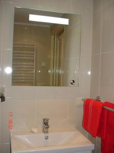 y baño con lavabo, espejo y toallas rojas. en Cecilia - Catharina B&B en Joure