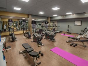 un gimnasio con un montón de equipos de ejercicio. en Hotel Ithaca, en Ithaca