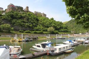 a group of boats docked in a river with a castle in the background at Hausboot Bounty in Sankt Goar