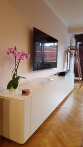 un armario blanco con TV encima en Bremen Apartments Nath, en Bremen