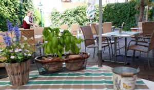 kobieta stojąca na patio z doniczką w obiekcie Hotel Restaurant Osterbauer w mieście Neunkirchen +18 zdjęć