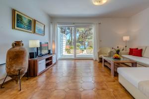 a living room with a couch and a tv at Apartments Tamar in Jelsa