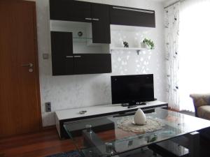 a living room with a glass table and a tv at Ferienwohnung Morgen in Valwig