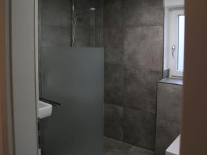 W łazience znajduje się prysznic ze szklanymi drzwiami. w obiekcie Ferienwohnungen Joachim Fischer w mieście Vaihingen an der Enz