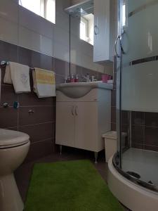 uma casa de banho com um lavatório, um WC e um tapete verde em Apartman Ante em Seget Vranjica