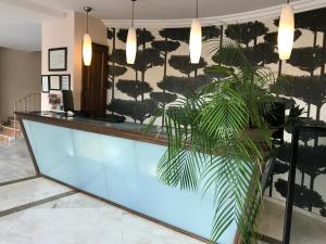 a lobby with a reception counter with plants at Los Galanes in Granada