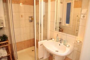 a bathroom with a sink and a shower at Brand New Apartment Budapest in Budapest