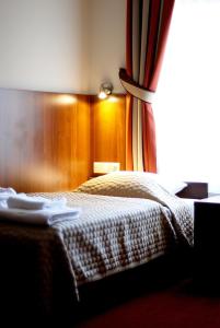 a bedroom with a bed with a curtain and a window at Hotel Alexander in Krakow