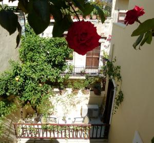 an apartment building with a balcony with red roses at Madonna Studios in Chania