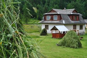 a house with hay bales in front of it at Na Hutori in Tatariv