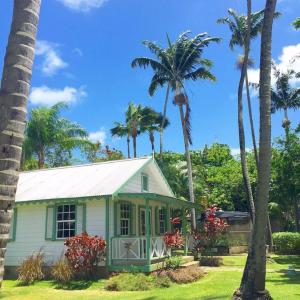 a small white house with palm trees in the background at Cobblers Cove - Barbados in Saint Peter