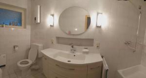 ein Badezimmer mit einem Waschbecken, einem WC und einem Spiegel in der Unterkunft FeWo Ingrid Trossen in Ürzig