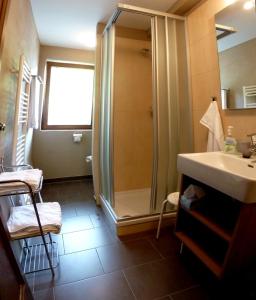 W łazience znajduje się prysznic i umywalka. w obiekcie Pension Mühle w mieście Zell am See