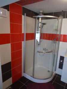 a shower in a bathroom with red and white tiles at Cyklonocleh in Veselí nad Moravou