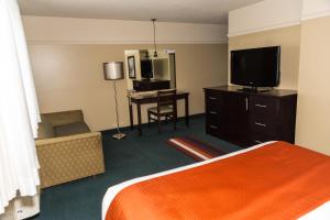 ein Hotelzimmer mit einem Bett, einem TV und einem Schreibtisch in der Unterkunft Hotel-Resto-Bar Le Journel in Saint-Joseph-de-Beauce