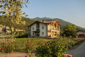a house in a garden with flowers in the foreground at Agritur Stefenelli in Nago-Torbole