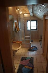 a bathroom with a shower and a sink at Ferienhaus Bergwald in Bodenmais