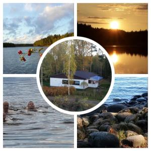 a collage of photos of a house on a lake at Cottage Viardo in Vehkataipale