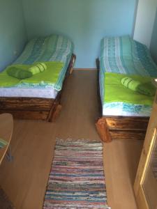 2 łóżka pojedyncze w pokoju z dywanem w obiekcie Holiday Home Green House w mieście Batina