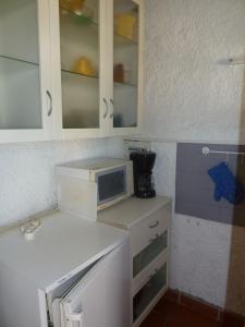 uma cozinha com um micro-ondas em cima de um balcão em Argelès Plage-tout près de la mer em Argelès-sur-Mer