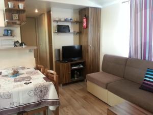 a living room with a couch and a table at Les Charmettes Mobilhomes17 in Les Mathes