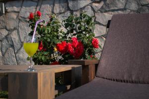 ein Glas Wein auf einem Tisch neben einer Pflanze in der Unterkunft Apartment Oaza in Mostar